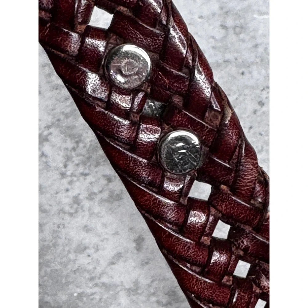 Fossil Mens Brown Braided Woven Genuine Leather Belt Silver Hardware BT2279200 M